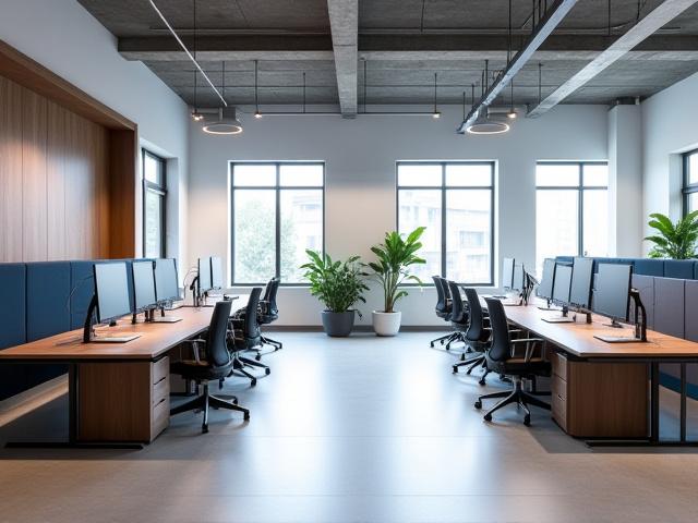 Elegant kontorlandskap med spesialtilpassede skrivebord og oppbevaring