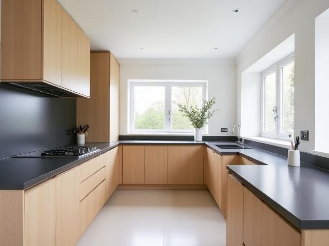 Moderne kjøkken med benkeplater i mørk stein og lyse trefronter